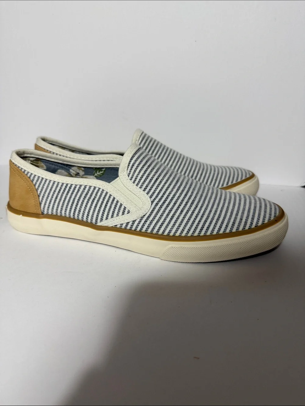Margaritaville Navy & White Striped Slip-On Sneakers with Tan Trim